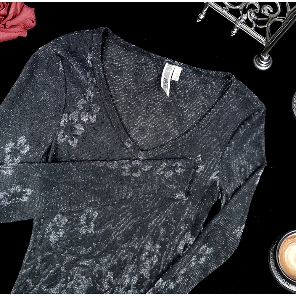 BKE Blouse Women‎ M Black Floral Lace Sexy Whimsigoth Fairy Grunge Shiny Wool